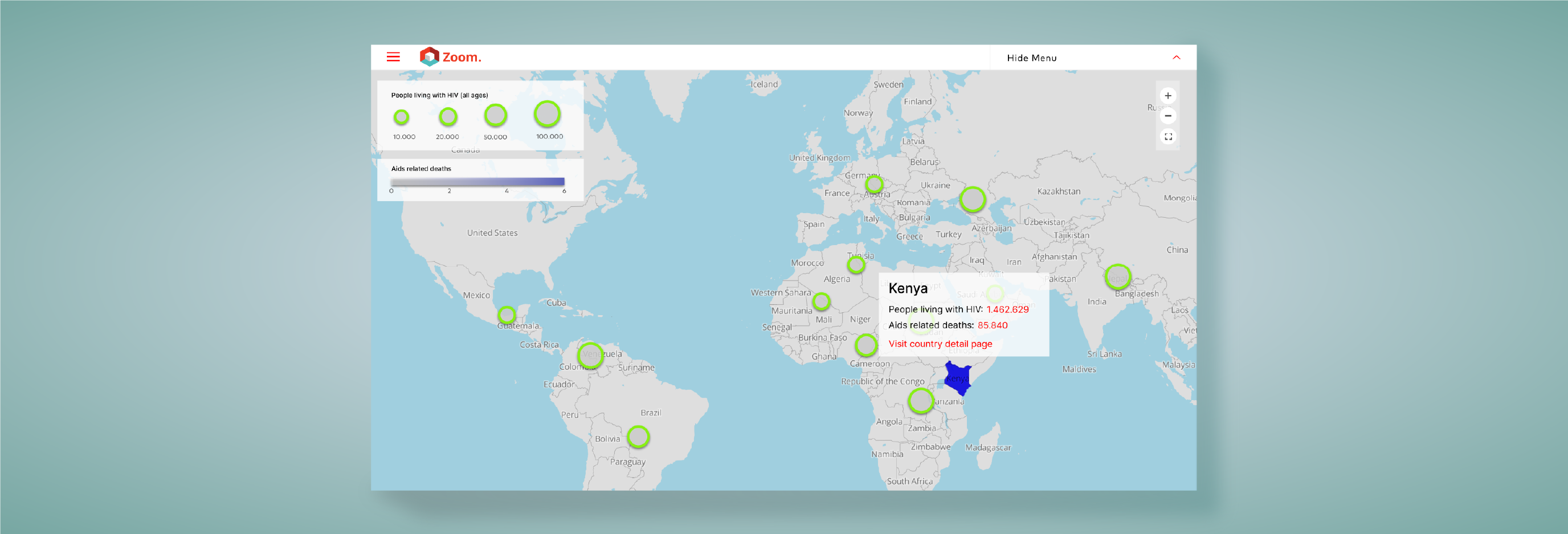 Zoom public geo-map explorer: a world map of people living with HIV, with a Kenya country hover callout showing HIV and Aids-related death figures.